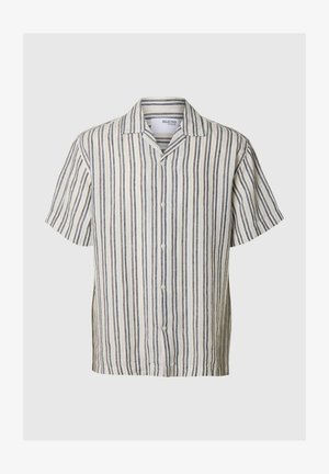 Chemise à manches courtes en lin léger, présentant des rayures verticales en crème, gris et marine. Son design comprend un col à revers et cinq boutons.
