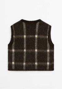 Gilet sans manches brun foncé duveteux avec de larges rayures à carreaux verticales et horizontales grises et crème, montré de dos sur fond blanc.