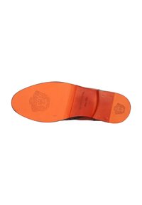 Semelle de chaussure en cuir de couleur orange vif avec logo en relief, taille 37, et marques de la marque visibles sur le talon et les zones de la voûte.