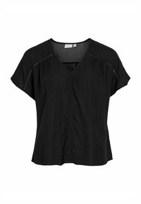 Blusa nera con scollo a V e maniche corte. Presenta dettagli arricciati sul davanti, una vestibilità rilassata e una texture del tessuto morbida.