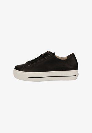 Black leather sneakers with a rounded toe, contrasting white rubber sole, and six pairs of eyelets. Features subtle stitching and texture.