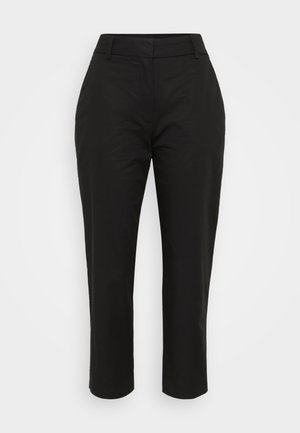 Black tailored trousers with a smooth fabric, straight leg cut, and waistband. Features belt loops and side pockets.