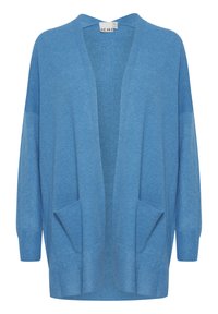 Hellblauer Cardigan mit offenem Vorderteil, 3/4-Ärmeln, zwei vorderen Taschen und gerippten Bündchen. Weicher, strukturierter Stoff.