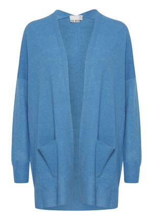 Ljusblå cardigan med öppen front, trekvartslånga ärmar, två framfickor och ribbade ärmslut. Mjukt, texturerat tyg.