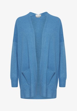 Lichtblauwe cardigan met een open voorkant, driekwart mouwen, twee voorzakken en geribbelde manchetten. Zacht, textuurstof.