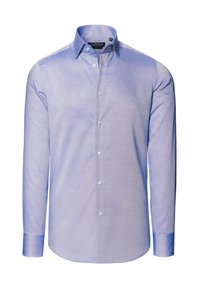 Jasnoniebieska koszula z długim rękawem, wykonana z gładkiego materiału, z kołnierzykiem zapinanym na guziki, kontrastowymi mankietami i rzędem guzików na przodzie.