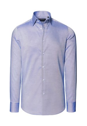 Jasnoniebieska koszula z długim rękawem, wykonana z gładkiego materiału, z kołnierzykiem zapinanym na guziki, kontrastowymi mankietami i rzędem guzików na przodzie.