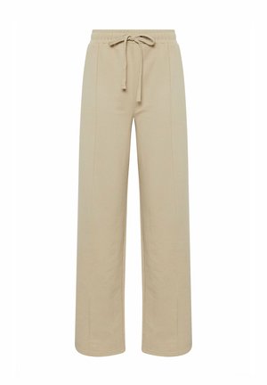 Beige, wide-leg pants made of soft fabric, featuring an elastic waistband with a drawstring, and side stitching for added texture.
