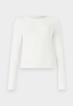 Weißes Langarmshirt mit Rippstruktur und Rundhalsausschnitt. Glatte Textur, figurbetonter Schnitt und keine sichtbaren Muster oder Akzente. Schlichter und minimalistischer Stil.