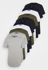 Collection of 11 T-shirts in gray, white, olive, navy, and black. Short sleeves, crew neck, solid colors, cotton blend fabric.