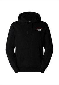 Sudadera negra de mezcla de algodón, con un bolsillo frontal, capucha con cordones y un logo en el pecho en rojo y gris.