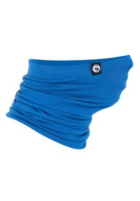 Tour de cou multifonctionnel bleu en tissu extensible, avec une texture lisse et une petite étiquette noire logo sur un côté.