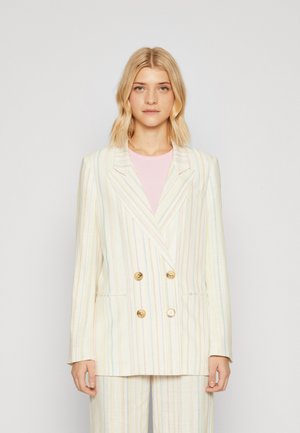 Tweed jasje met dubbele knopen in lichtcrème met pastelstrepen. Gouden knopen, gelapte revers en zijzakken. Getailleerde pasvorm.