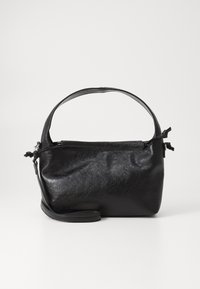 Black leather handbag with a structured design, rounded top handle, and detachable shoulder strap. Features a smooth texture and subtle sheen.