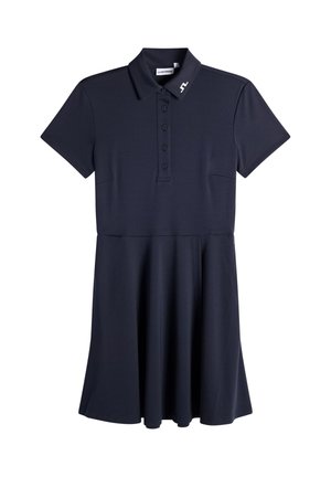 Marineblauwe polo-jurk met korte mouwen, knoopsluiting en licht uitlopende rok, voorzien van een klein logo op de kraag.