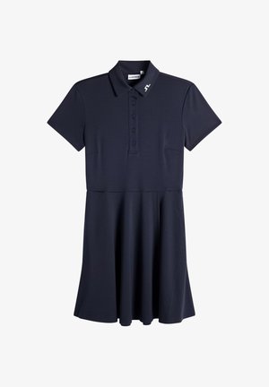 Marineblauwe polo-jurk met korte mouwen, knoopsluiting en licht uitlopende rok, voorzien van een klein logo op de kraag.