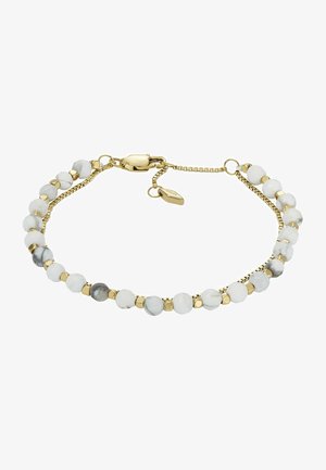 Bracciale dorato con perline rotonde bianche e grigie e separatori esagonali di colore dorato. Chiusura a moschettone con catena regolabile e etichetta.