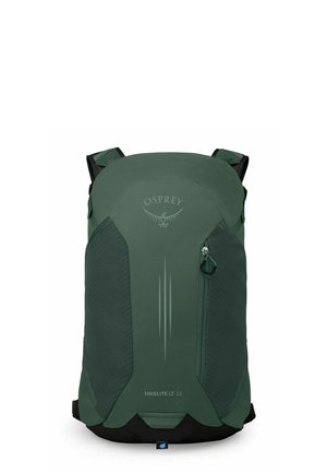 Zaino da trekking verde Osprey Hikelite LT 22 con tasca anteriore con cerniera e pannelli laterali in rete.