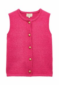 Fuchsienfarbener Strickweste mit rundem Ausschnitt, ärmellosem Design und goldenen Zierknöpfen vorne. Weiche Textur, lässige Passform.