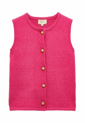 Fuksia kootud vest ümarate kaelusega, varrukateta disainiga ja kuldsete dekoratiivsete nööpidega esiosas. Pehme tekstuur, vabaaja sobivus.