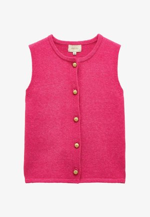 Fuksijas krāsas adīta veste ar apaļu kakla izgriezumu, bez piedurknēm un zelta dekoratīvām pogām priekšpusē. Mīksta faktūra, ikdienišķs piegriezums.