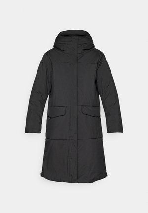 Long black padded coat with hood, front zipper and snap buttons, flap pockets, and long sleeves, suitable for cold weather.