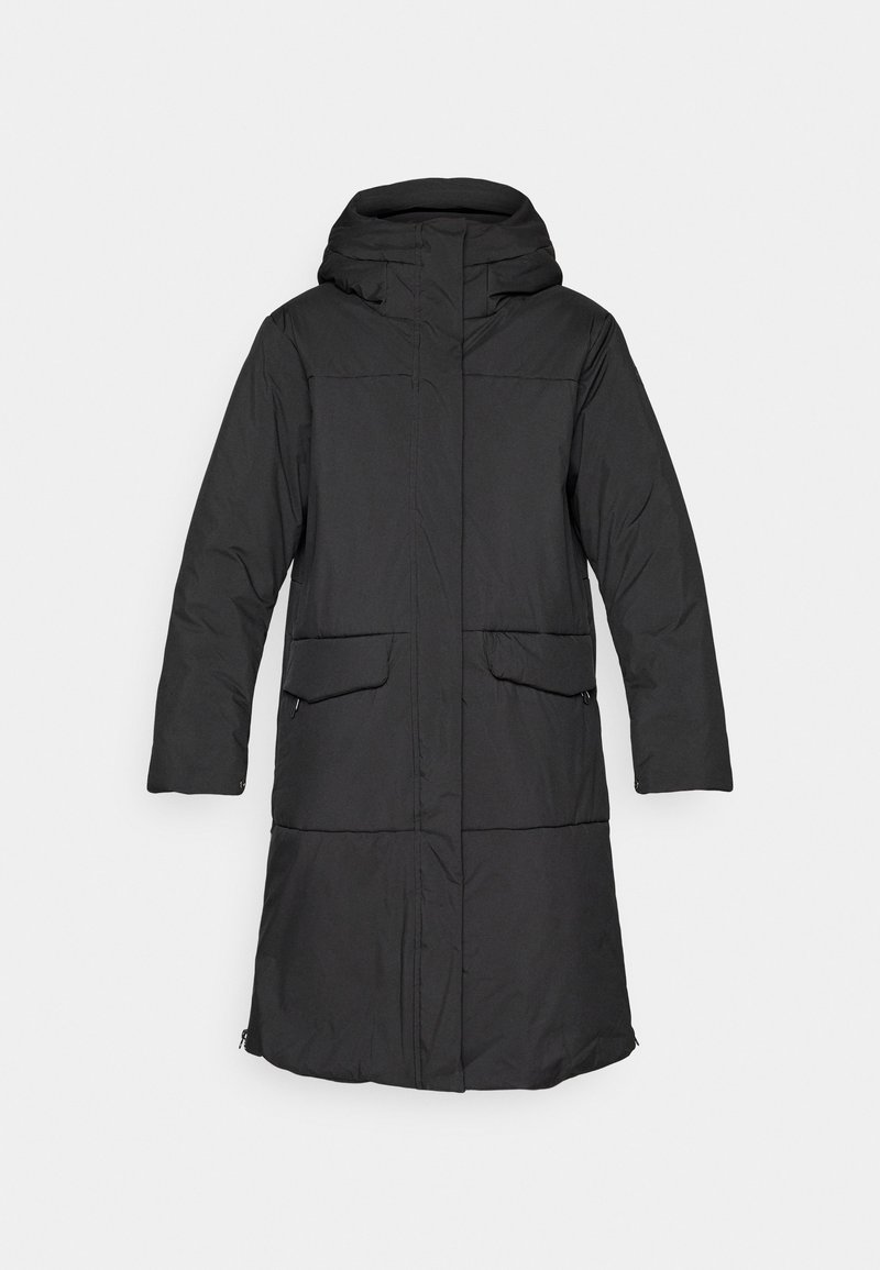 Langer schwarzer gepolsterter Mantel mit Kapuze, Frontreißverschluss und Druckknöpfen, Klappentaschen und langen Ärmeln, geeignet für kaltes Wetter.