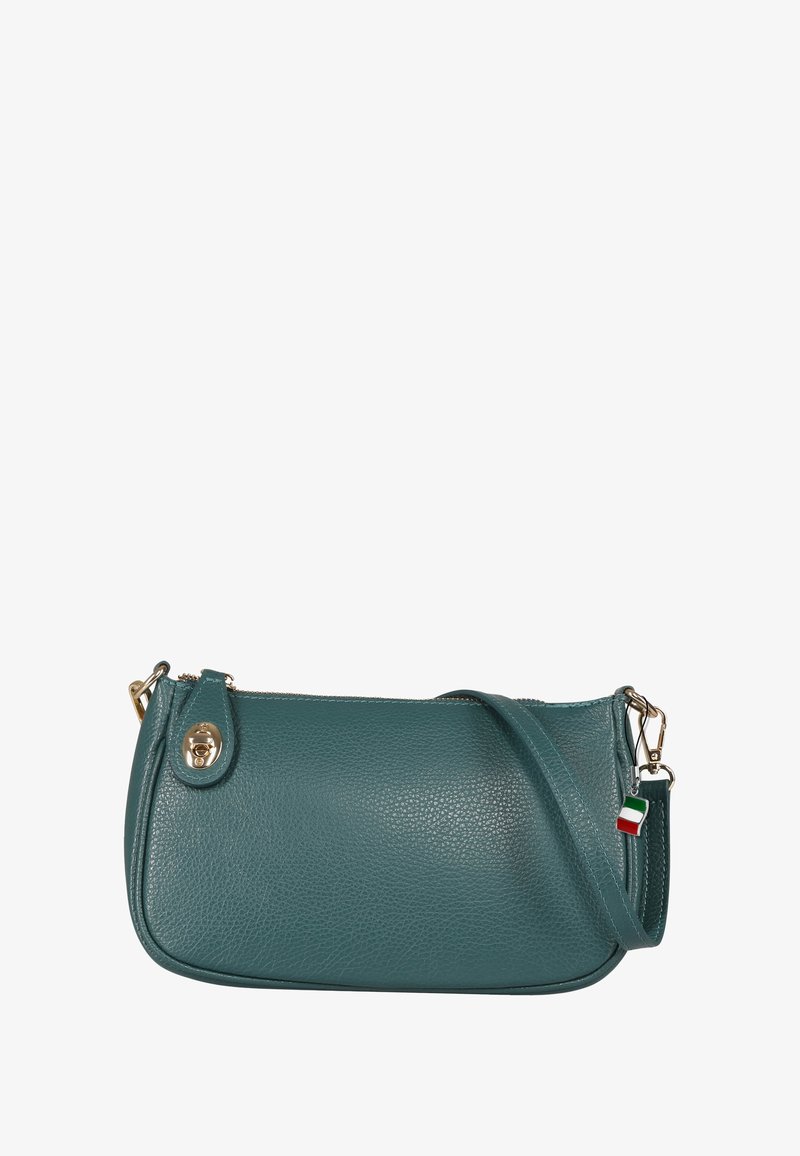 Teal leren schoudertas met een gestructureerde afwerking, gebogen vorm, gouden hardware en een klein Italiaans vlagaccent. Ritssluiting.