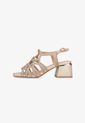 Sandalo beige open-toe con tacco basso a blocco, design con cinturini decorati con strass e fibbia regolabile alla caviglia.