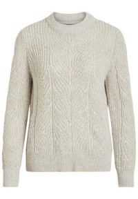 Pull en maille torsadée couleur crème à manches longues et col rond, avec des motifs texturés verticaux et en forme de feuille.