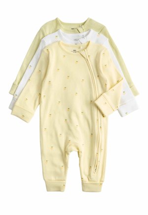 Drie geribde babypyjama's met lange mouwen in pastelgeel, wit en groen, met kleine fruitprints en diagonale ritsen aan de voorkant.