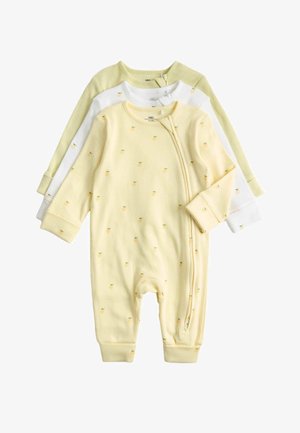 Drie geribde babypyjama's met lange mouwen in pastelgeel, wit en groen, met kleine fruitprints en diagonale ritsen aan de voorkant.