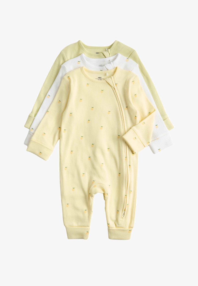 Three ribbed long-sleeve baby sleepsuits in pastel yellow, white, and green, featuring small fruit prints and front diagonal zippers.