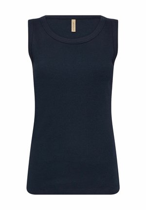 Navy blue ribbed tank top with a round neckline and no sleeves, featuring a horizontal texture and simple design.