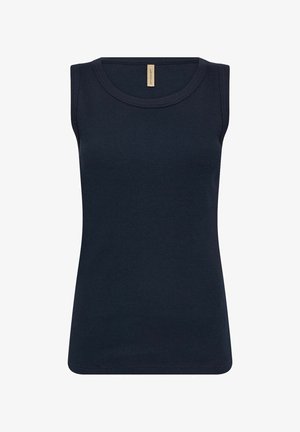 Tengerészkék bordázott ujjatlan top, kerek nyakkivágással, vízszintes textúrával és letisztult dizájnnal.