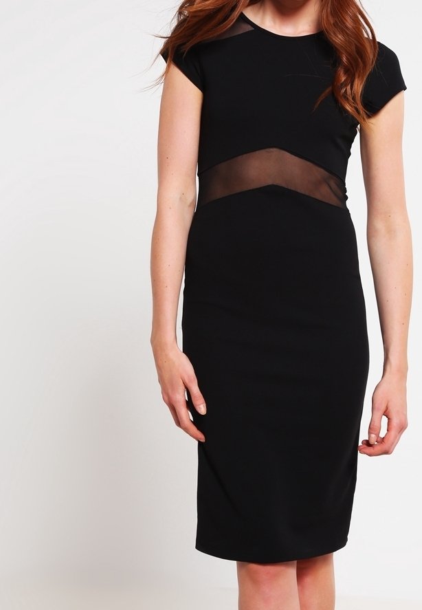 Abito nero aderente con un pannello in rete trasparente in vita, maniche corte e orlo al ginocchio. Tessuto morbido con una silhouette slanciata.