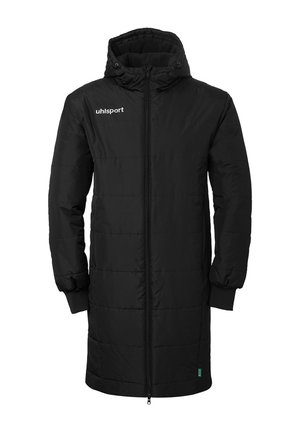 Lang sort polstret vinterjakke med hætte, fuld frontlynlås, elastiske ærmegab og hvid "uhlsport"-logo på brystet.