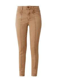 Helle Skinny-Jeans mit hoher Taille, die mit kontrastierenden vertikalen Nähten und einer glatten Textur versehen sind. Entworfen für eine figurbetonte Silhouette.
