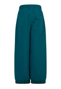 Tyrkysové, oversized kalhoty s elastickým pasem, jednou zadní kapsou a nastavitelným zapínáním na patentky na kotnících. Hladký, voděodolný materiál.