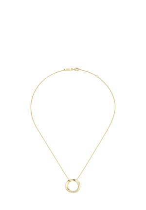 Delicate gold chain necklace with a circular pendant featuring a half-arc of small sparkling white stones.
