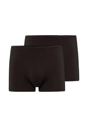 Zwei schwarze Herren-Boxershorts mit einfachem elastischem Bund und minimalen Nähten, Vorder- und Rückansicht gezeigt.