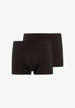 To sorte boxershorts til mænd med en simpel elastisk linning og minimal syning, vist forfra og bagfra.