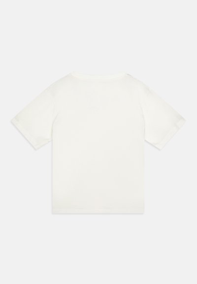 White cotton t-shirt with short sleeves, a round neck, and a plain texture, featuring a seamless back and no visible logos or patterns.