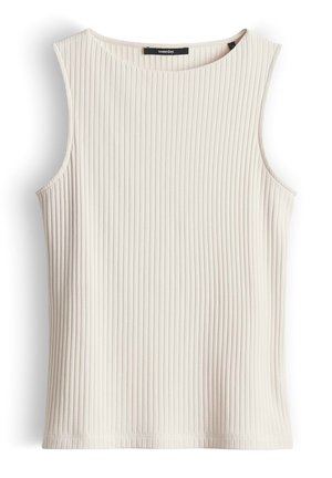Mouwloos geribd gebreid topje in off-white met een ronde hals, aansluitend silhouet en subtiele verticale textuurlijnen.