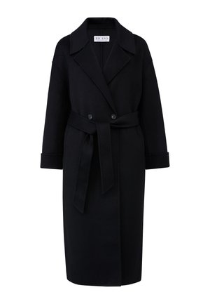 Schwarzer, lange wollener Mantel mit breiten Revers, doppelreihigen Knöpfen, einem Stoffgürtel und umgeschlagenen Ärmeln.