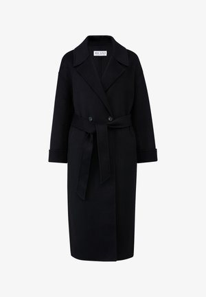 Schwarzer, lange wollener Mantel mit breiten Revers, doppelreihigen Knöpfen, einem Stoffgürtel und umgeschlagenen Ärmeln.