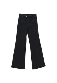 Listan mustat farkut, joissa on leveät lahkeet ja korkea vyötärö. Niissä on etutaskut ja vetoketjukiinnitys, ja ne on valmistettu kestävästä puuvillakankasta.