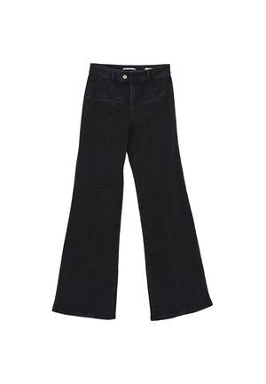 Jeans in denim nero a gamba larga con vita alta, dotati di tasche anteriori e chiusura con zip, realizzati in robusto tessuto di cotone.