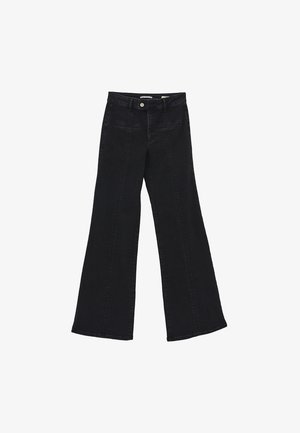 Schwarze Denim-Jeans mit weitem Bein und hoher Taille, ausgestattet mit Fronttaschen und einem Reißverschluss, aus robustem Baumwollstoff gefertigt.