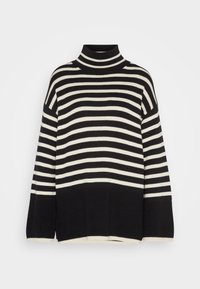 Pull à col roulé rayé noir et blanc avec un large ourlet et des poignets côtelés noirs, présenté sur fond blanc.